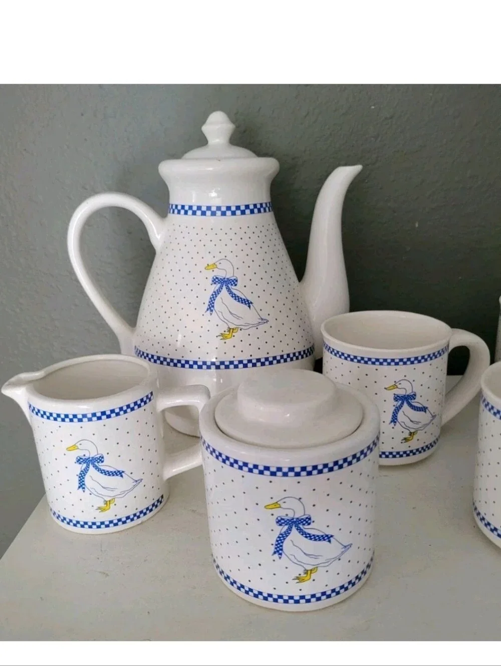 Vintage Blue Country Goose Tea Coffee Pitcher Mug Creamer Set Duck Cottagecore